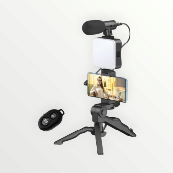 Vlogging Kit with Mic, Mini Tripod Stand, LED Light & Phone Holder Clip.
